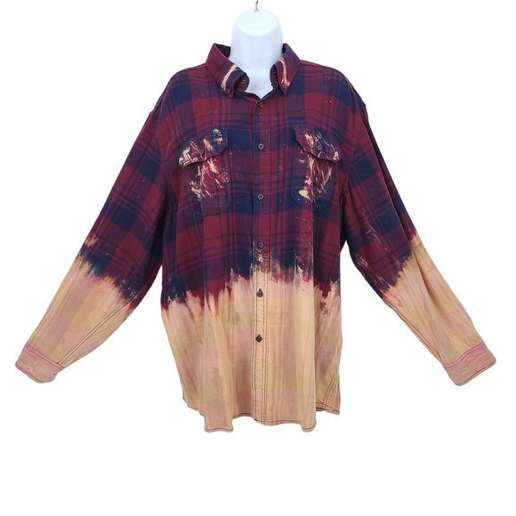 The Rack Brushed Cotton Tie Dye Bleach Button Front Shirt Top Sz XL Plaid - Picture 1 of 12